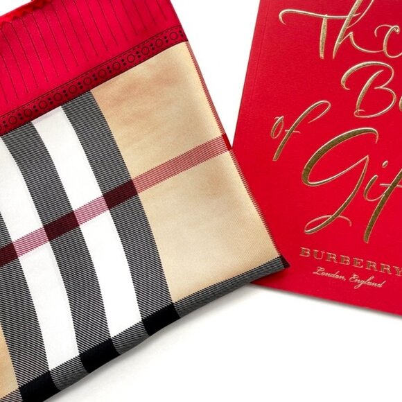 New Burberry Scarf Logo Iconic Beige Check Red Border Silk Wrap - Picture 8 of 15